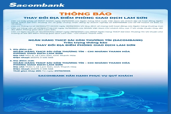 Sacombank  thông báo  thay đổi địa điểm phòng giao dịch  Lam  Sơn