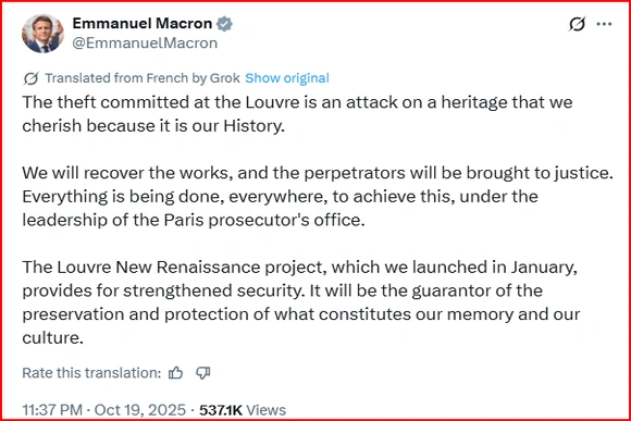 Bảo tàng Louvre báo động đỏ: Tổng thống Macron lên án vụ trộm cổ vật, cam kết không khoan nhượng