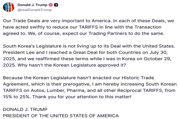 Mỹ nâng thuế nhập khẩu với Hàn Quốc do chưa phê chuẩn thỏa thuận thương mại