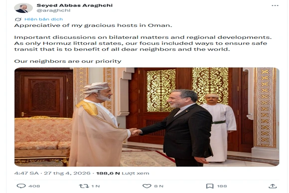 Ngoại trưởng Iran: Thảo luận với Oman để đảm bảo an toàn hàng hải tại eo biển Hormuz