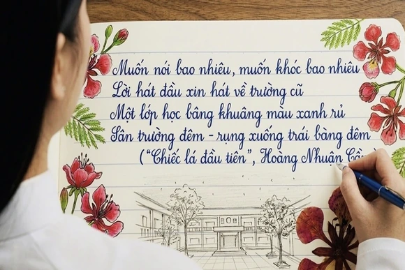 Vần thơ in đậm trên trang lưu bút học trò