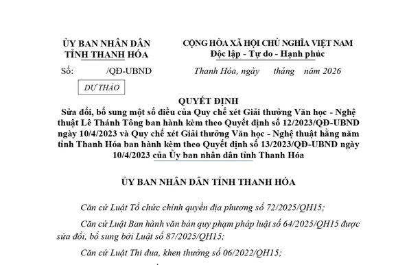 Dự thảo Quyết định sửa đổi, bổ sung một số điều của Quy chế xét Giải thưởng Văn học - Nghệ thuật Lê Thánh Tông