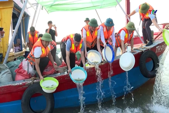 Thả tôm, cá giống xuống các sông, hồ, vùng cửa biển tái tạo nguồn lợi thủy sản